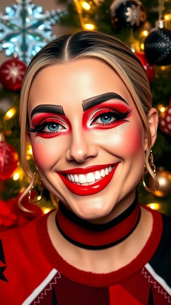Harley Quinn Christmas Makeup Tutorial Harley Quinn Christmas makeup with red and black face paint, glitter, and festive accessories.
